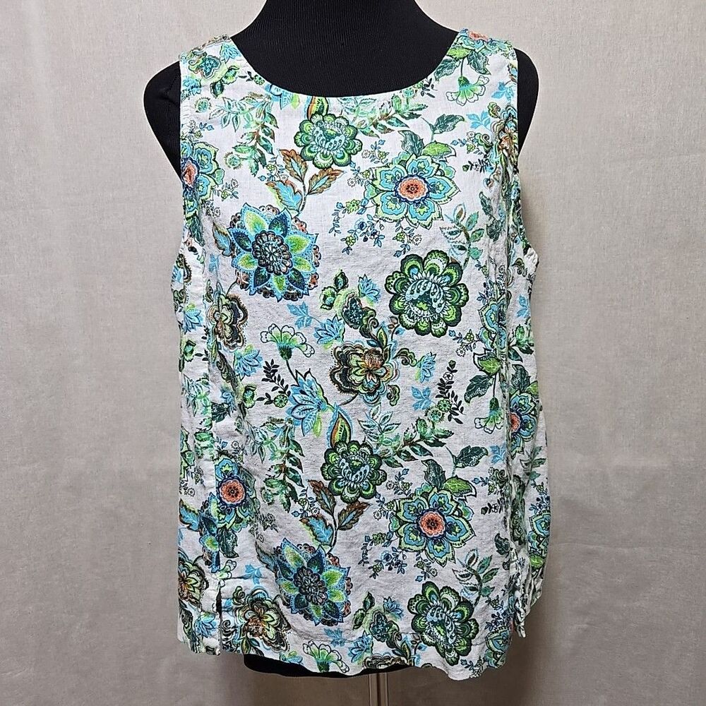 Heroes & Dreamers Floral Top Womens XL Open Tie-Back Sleeveless Linen Blend